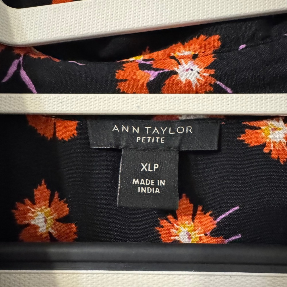 Ann Taylor Dress XL Petite Floral Black Orange‎ Midi Button Down Long Sleeve - Picture 2 of 5